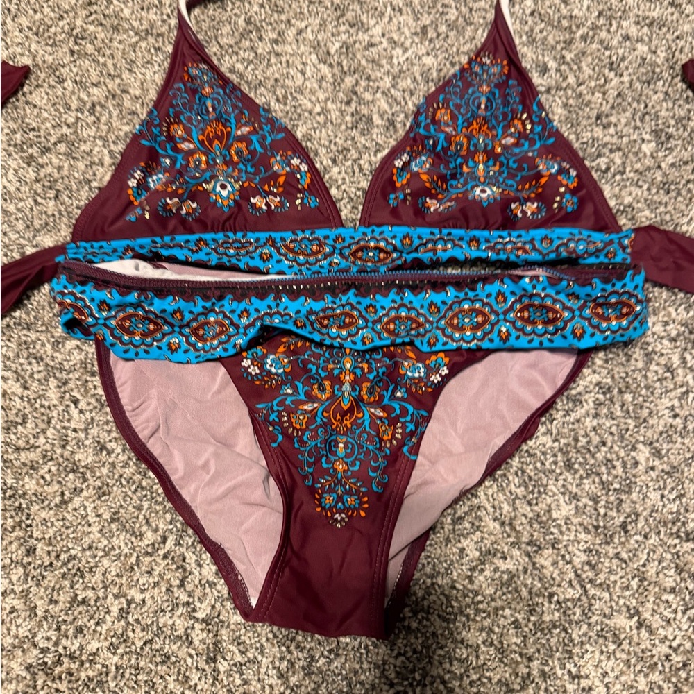Triangle Bikini Set in Burgundy with Blue Paisley Accents